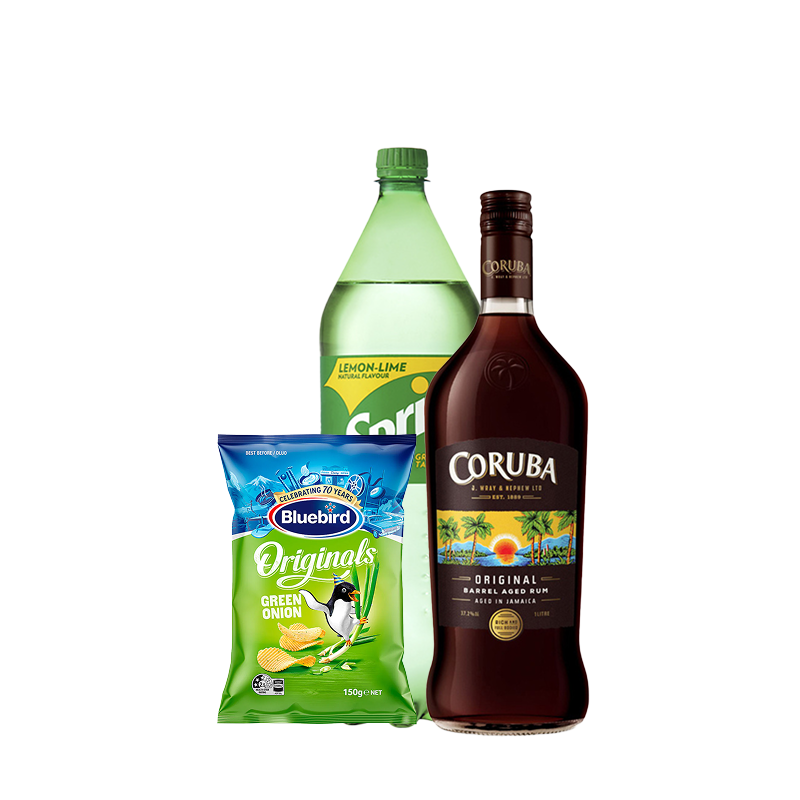 Coruba dark with Coke and chips