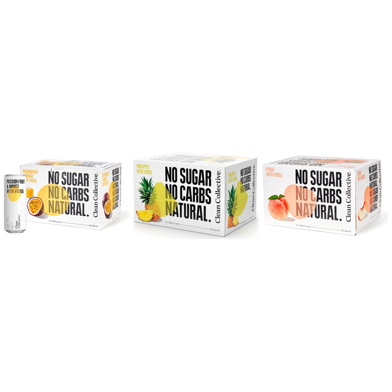 Clean Collective Passionfruit & Mango with Vodka + Pineapple + Peach with Vodka 5% Cans 12x250ml