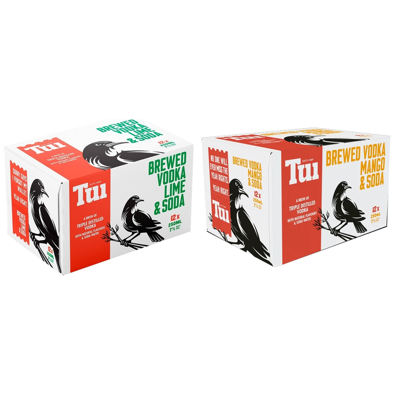 Tui Vodka Lime & Soda 12pk 250ml Cans + Tui Vodka Mango & Soda 12pk 250ml Cans