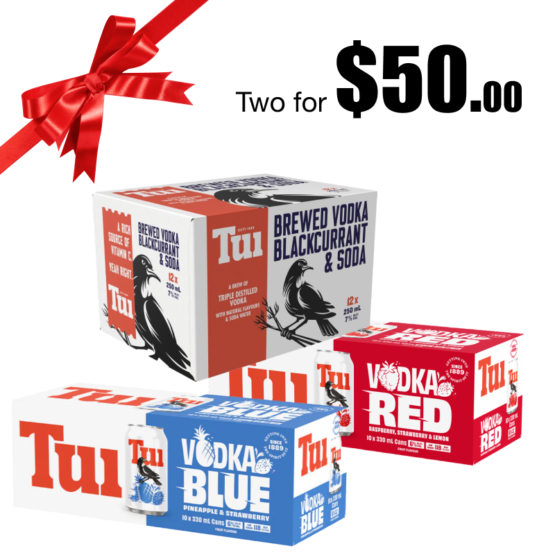 Tui Lemon / Red / Blue Soda Two for 6% 330ml 10pks / Tui Vodka Soda 7% 250ml 12pk can range
