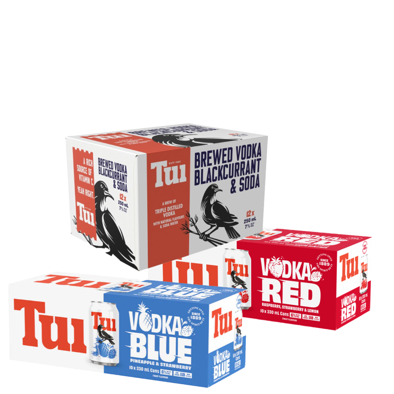 Tui Lemon / Red / Blue Soda Two for 6% 330ml 10pks / Tui Vodka Soda 7% 250ml 12pk can range