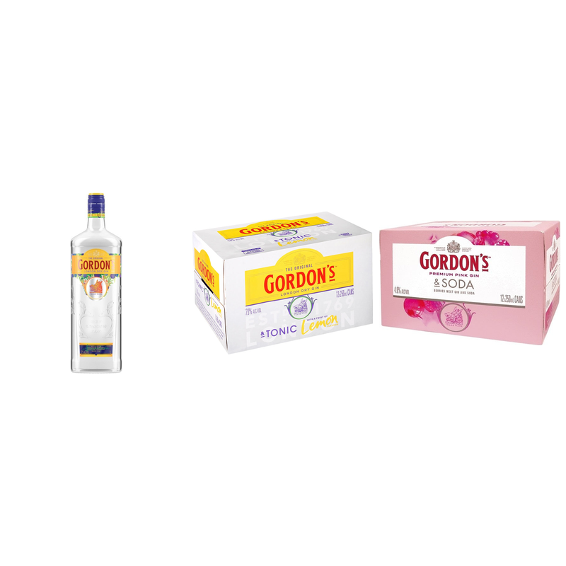 Gordon's Gin 1L + Gordon's Gin & Tonic 12pk Cans 250ml + Gordon's Pink 12pk Cans