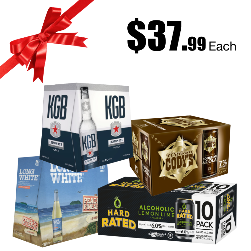 Long White bottle range, Hard Rated 6% 330ml cans, all 10pks; Cody's 7% 250ml cans, KGB bottles all 12pks