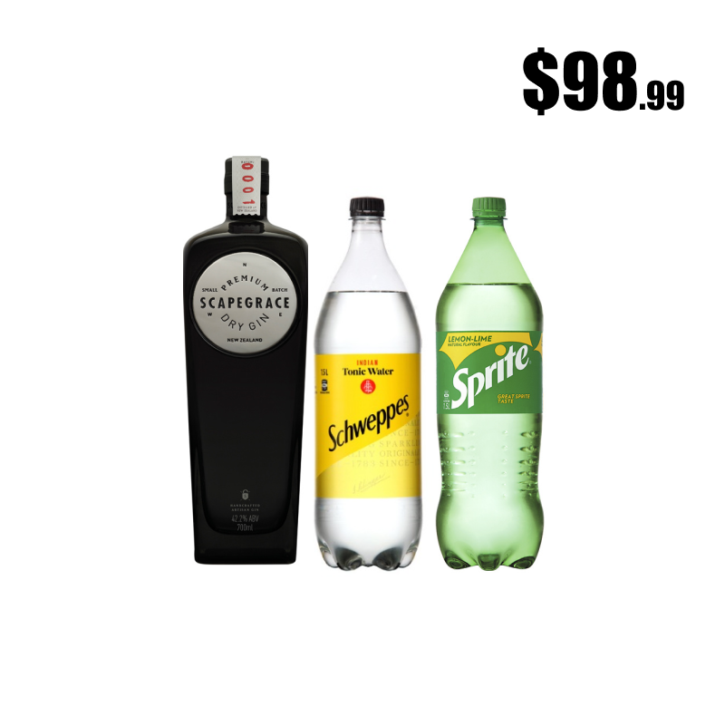 Scapegrace Dry or Black Gin + Shweppes Tonic water (1.5L) + Sprite (1.5L)