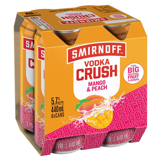 Smirnoff Vodka Crush Mango & Peach 440ml cans 4pk 5.7%