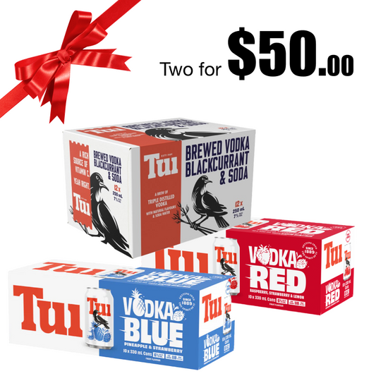 Tui Lemon / Red / Blue Soda Two for 6% 330ml 10pks / Tui Vodka Soda 7% 250ml 12pk can range